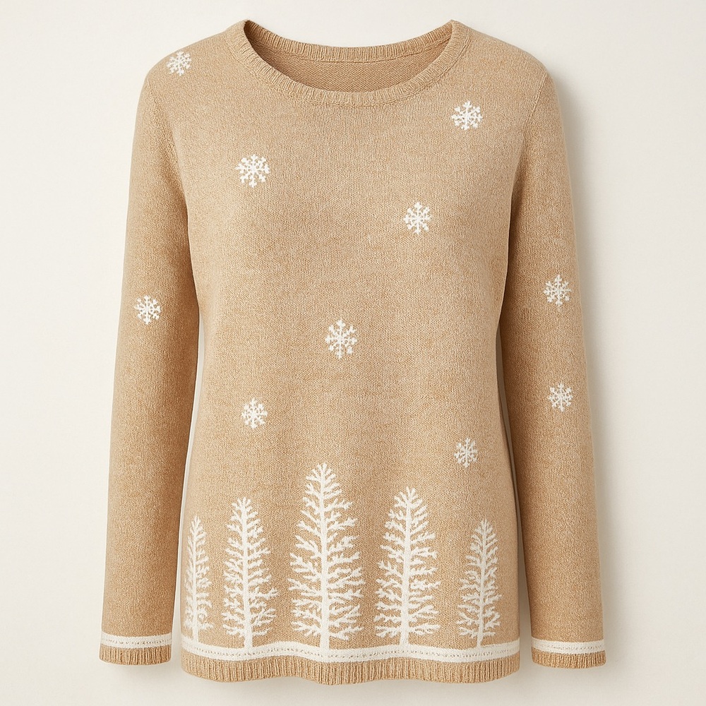 NWT Coldwater Creek Sweater LRG Beige Tan Snowflake Winter Tree Holiday Pullover